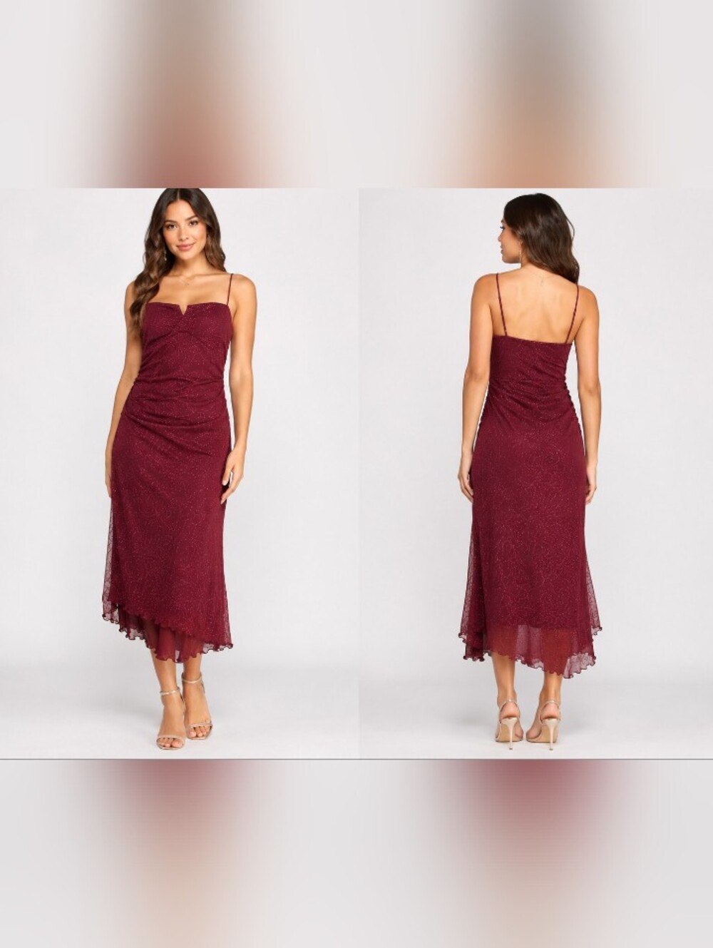 City Triangles Burgundy Glitter Mesh Ruched Midi Dress L Party Prom Cocktail